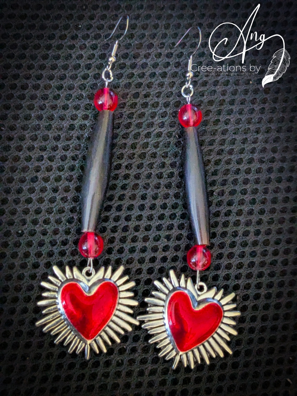Native American Red Gothic Heart Earrings With Black Buffalo Bone Hairpipe